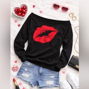 MAGICMK Black Off Shoulder Lips Graphic Sweatshirt XL